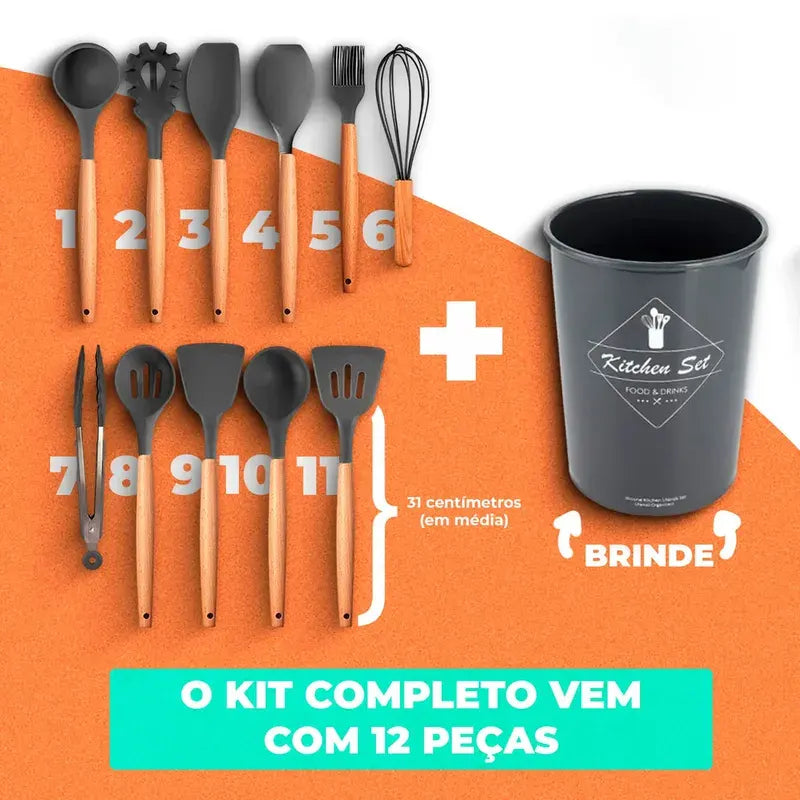 Conjunto de Cozinha em Silicone & Bambu - 12 Peças