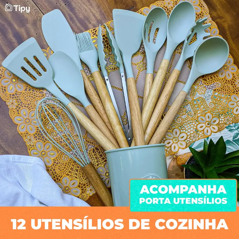 Conjunto de Cozinha em Silicone & Bambu - 12 Peças